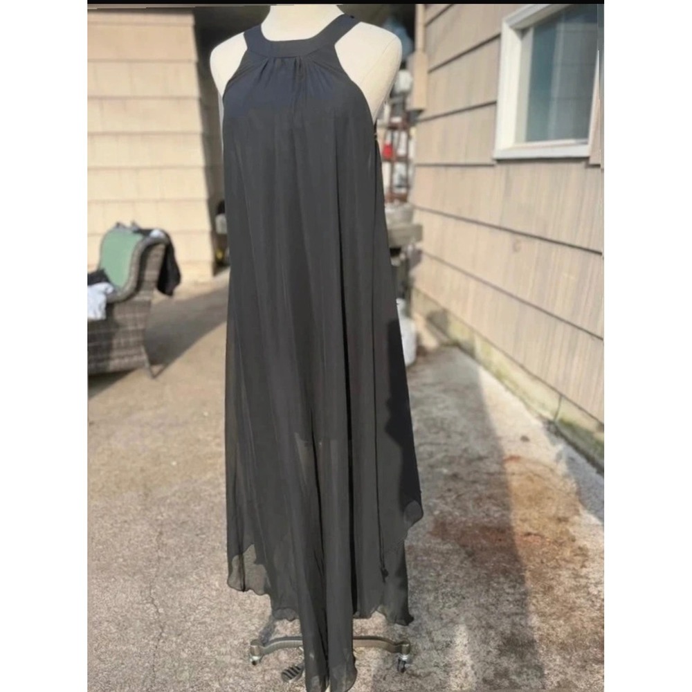 Black Halter Neck Maxi Dress Size M Pleated High Neck Chiffon Flowy Going Out